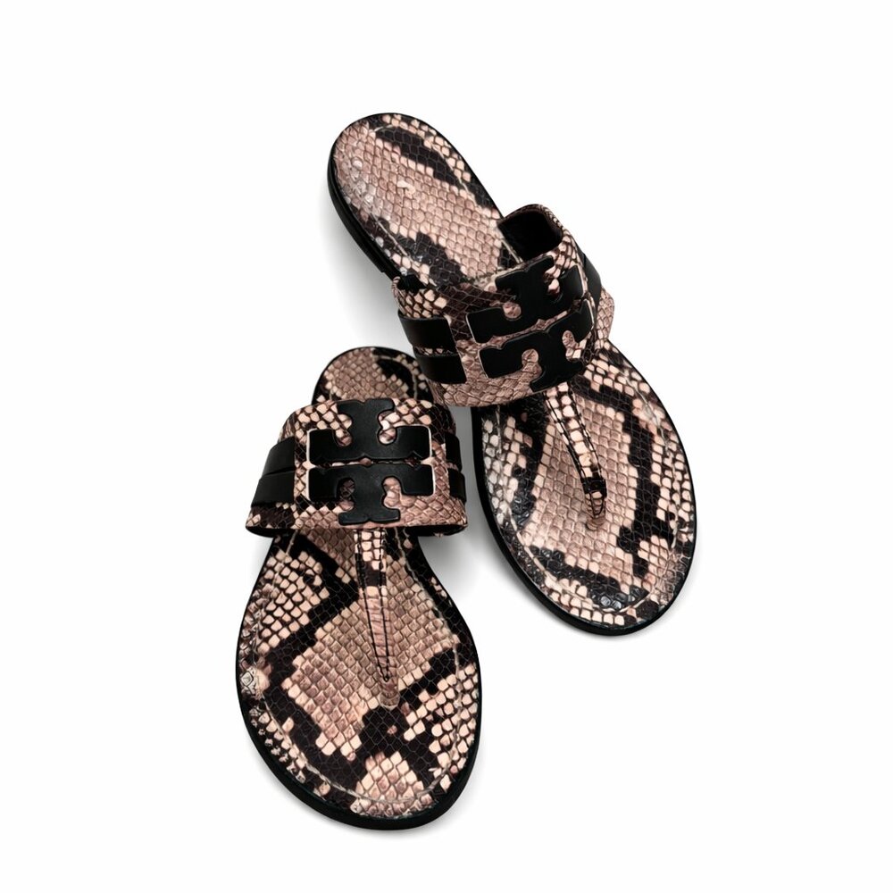 Tory Burch Leigh Snake Print Leather Calf Sandals – Size 6 – Double T Logo Thong